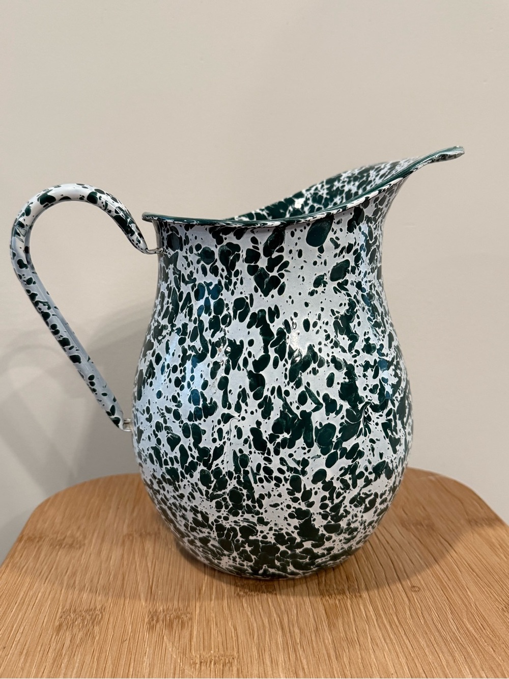 Enamel Splatter Pitcher Vase Dark Green and White Farmhouse Cottagecore Decor